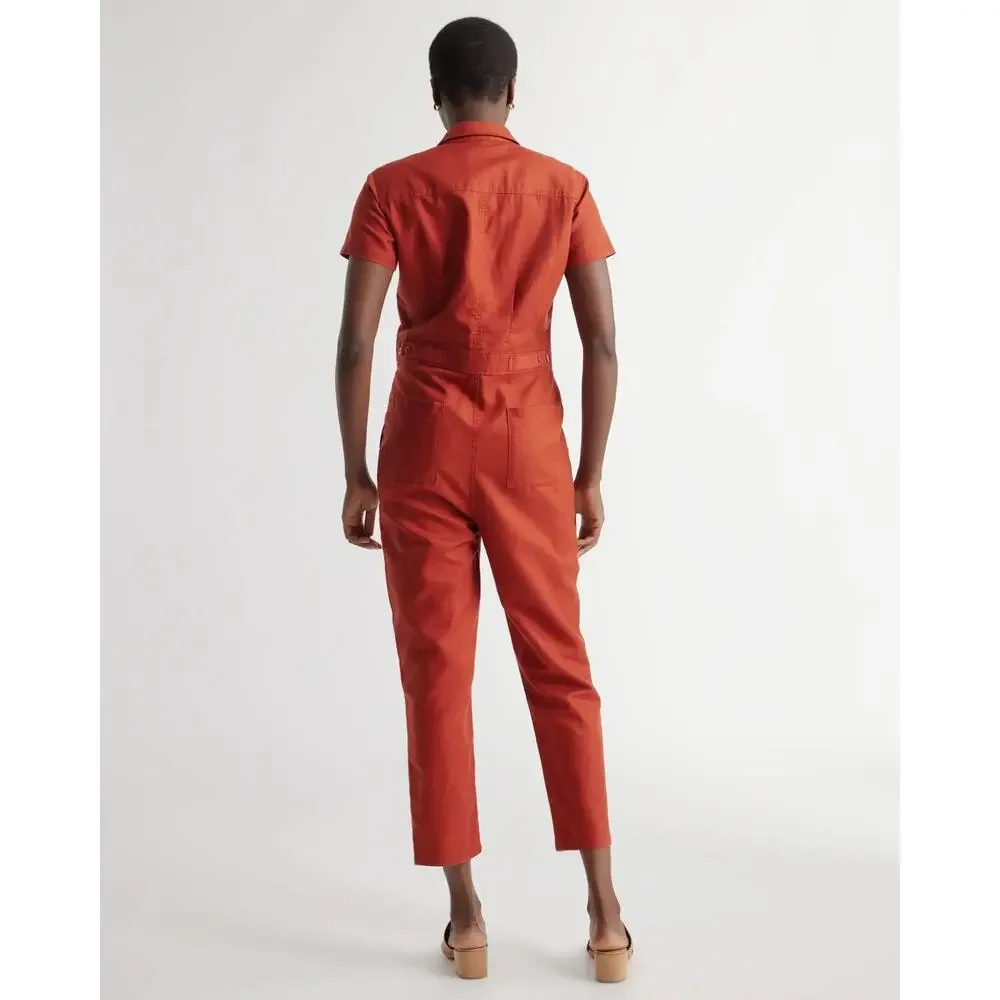 QUINCE Rust Red Cotton Linen Twill Short Sleeve Coverall Jumpsuit Medium
